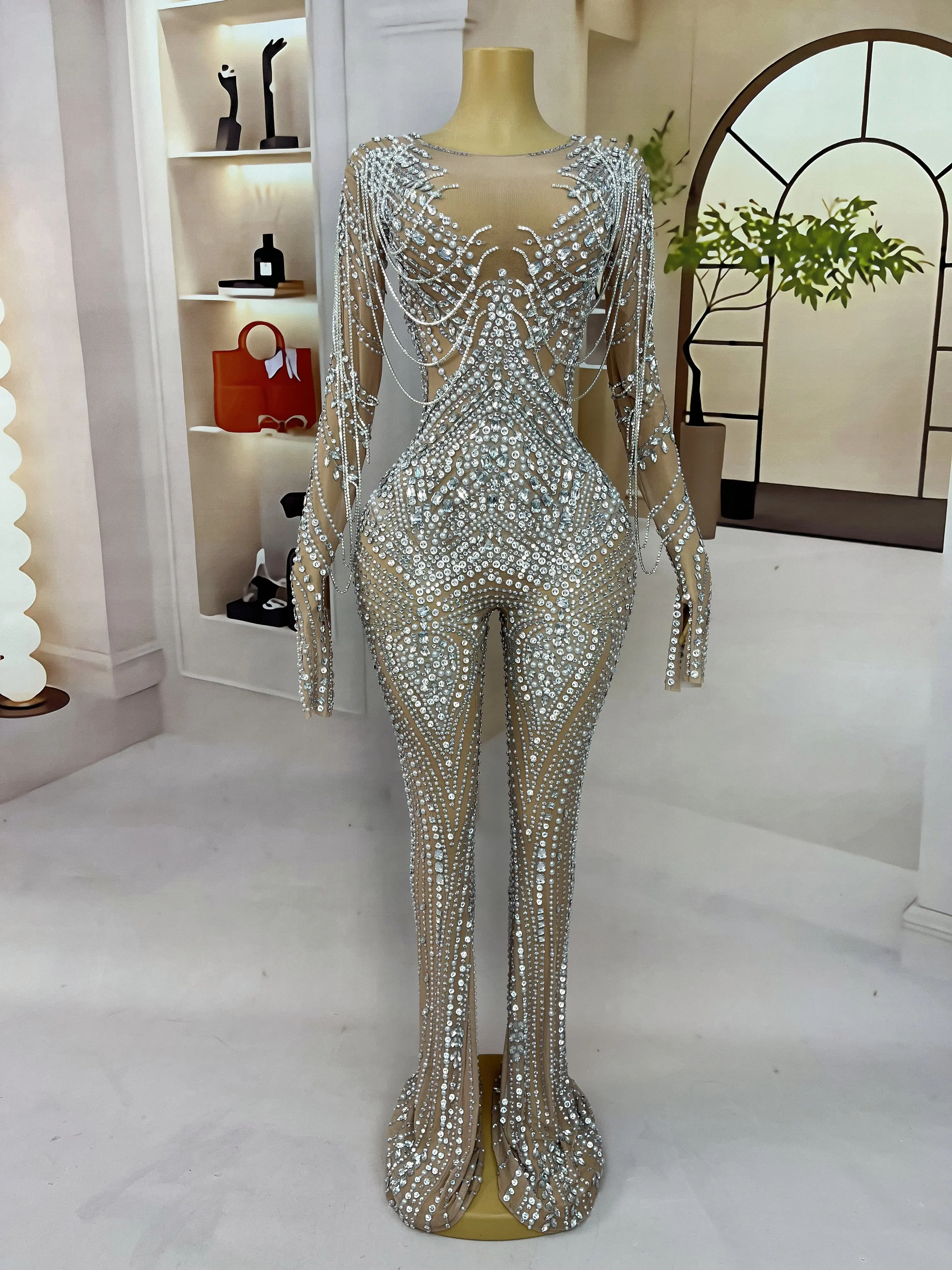 Peleles de manga larga con diamantes de imitación para noche, mono con cadenas de cristales ostentosos, mono elástico brillante Sexy para cumpleaños, Ropa de baile kuotui