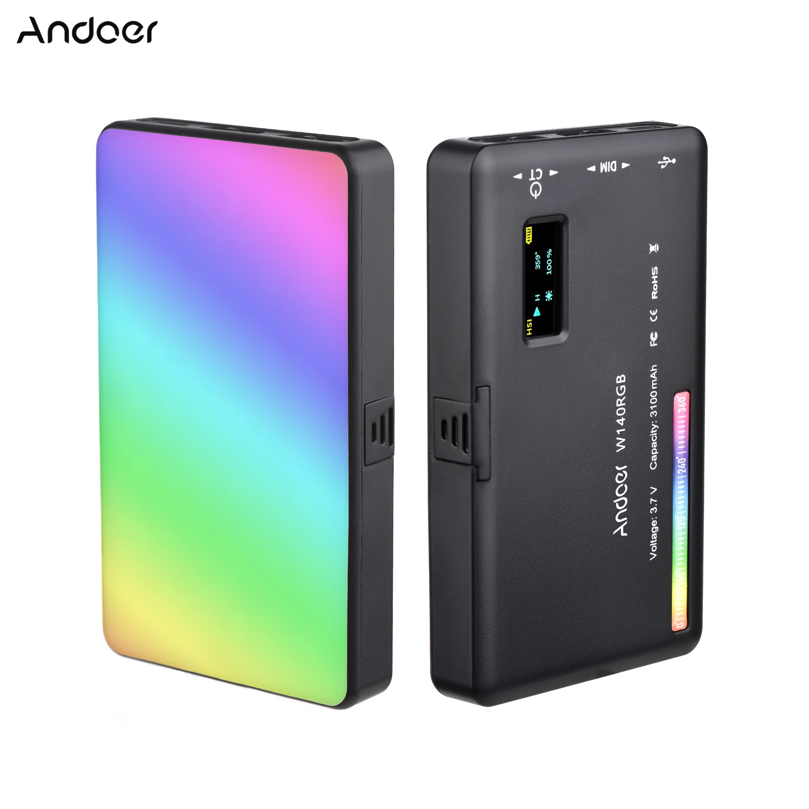 Andoer W140 RGB-LED-Videoleuchte, wiederaufladbar, Fotografie-Fülllicht, CRI95+, 2500 K–9000 K, dimmbar, 20 Lichteffekte mit LCD-Dis