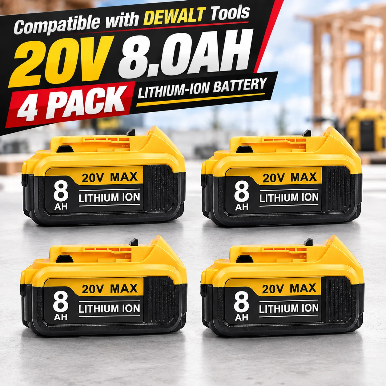 20V MAX 8Ah Battery Pack Compatible with DeWalt DCB200 DCB204 DCB205 DCB206, Lithium Ion Replacement Battery for Cordless Power Tools, 4-Pack