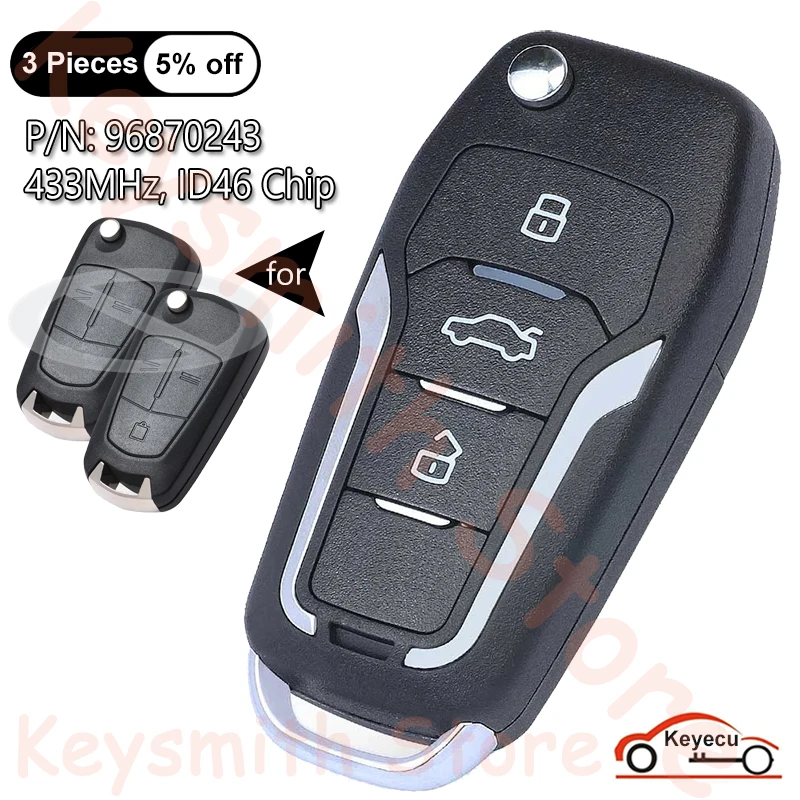 

Keyecu Upgraded Flip Remote Car Key Fob 2/ 3 Button Optional 433MHz ID46 Chip for Opel Antara 2007-2015 HU46 Blade PN: 96870243