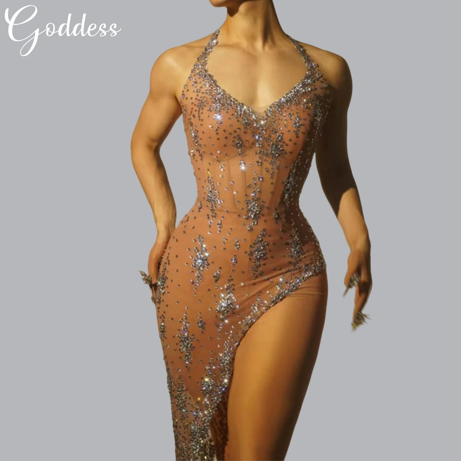 Elegant Sparkling Rhinestone Dress Nightclub Showgirl Sheer Slimming Short Dress Dance Hall Sexy Birthday Party Bodycon Dress