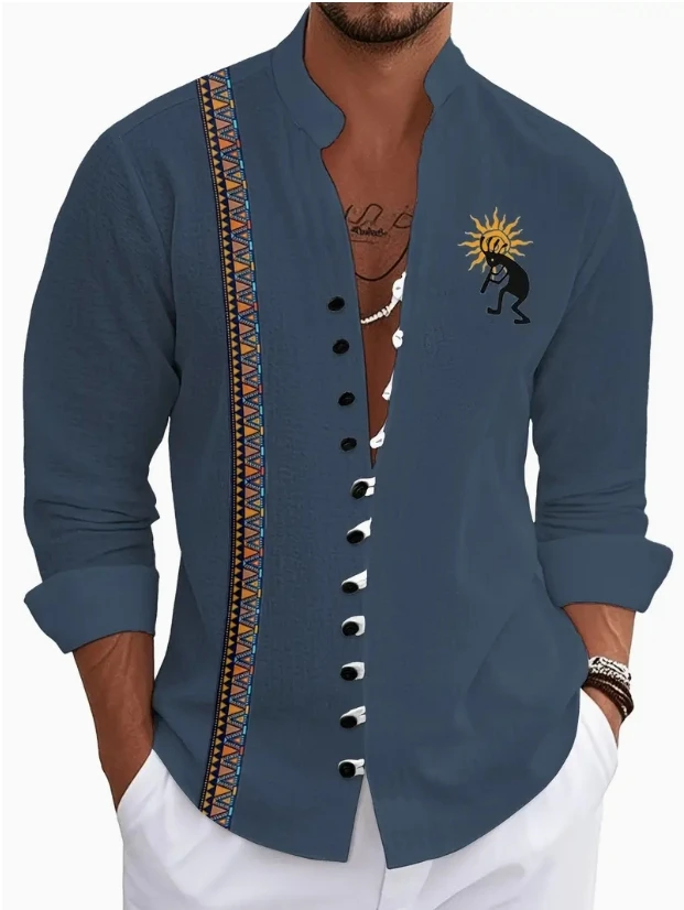 New Men's Fashion Seven Button Long Sleeve Shirt Sandy Beach Casual Shirt, High Quality Comfortable Fabric Tops