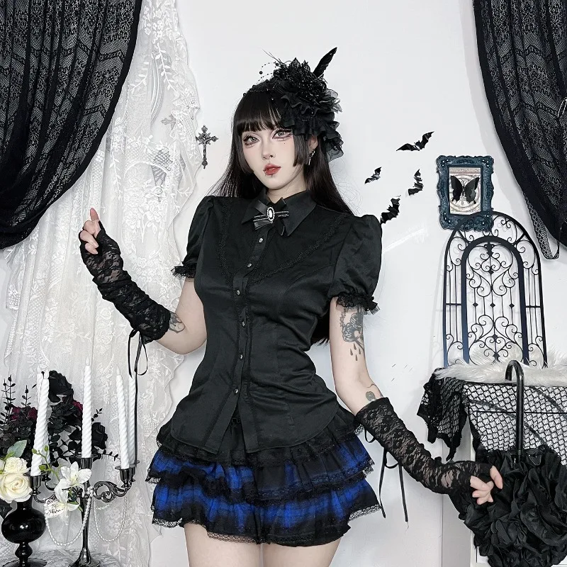 2025 New Vintage Sexy Dark Harajuku Short Sleeve Lace Patchwork Shirt Women's Techwear Gothic Button Slim Blouse Shirt Cute Tops