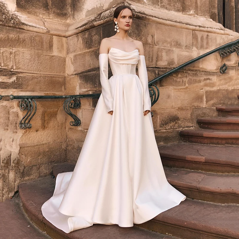 

Eightree Boho Women A-Line Wedding Dresses Strapless Long Sleeve Bridal Dress Elegant Wedding Evening Prom Ball Gowns Plus Size