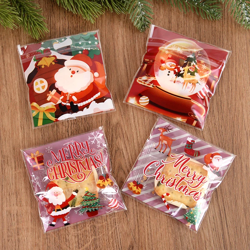 100Pcs Christmas Candy Gift Bag Self Adhesive Snack Cookie Baking Packaging Bags Navidad Xmas Party Decor Supplies New Year 2025