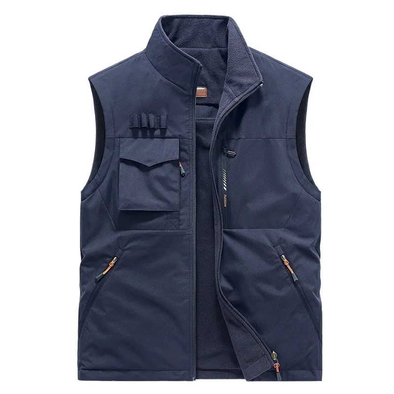 

New Autumn Men Outdoor Fleece Warm Reversible Vests Quality Waistcoats Male Sleeveless Jackets Multi Pockets Fishing Cargo Vests