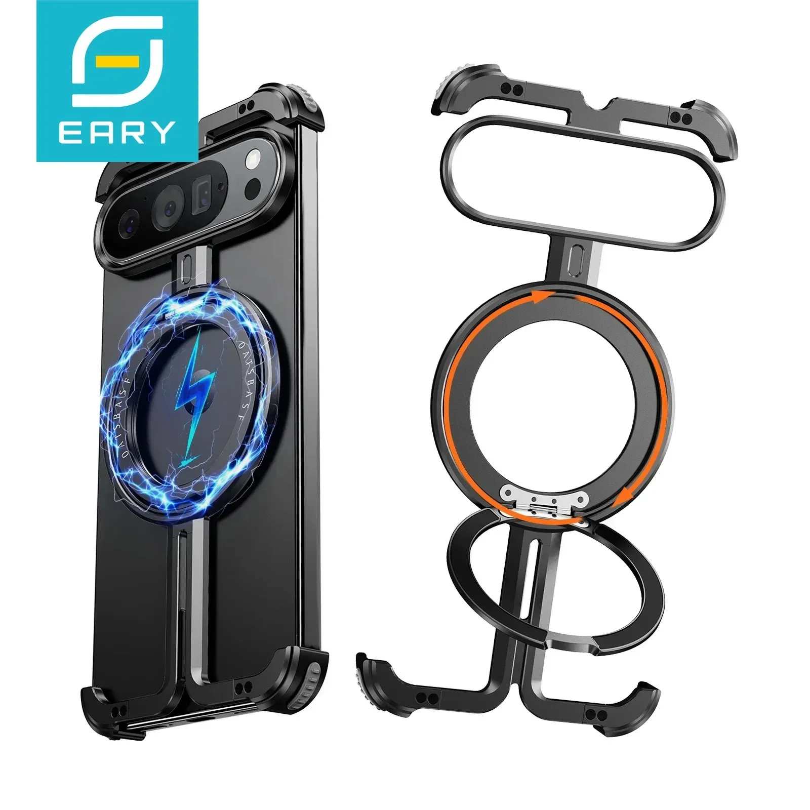 

Eary for Google Pixel 9 Pro XL Fold Phone Case 360 Rotate Magnetic Kickstand Metal Frameless Shockproof Bumper Slim Thin Cover