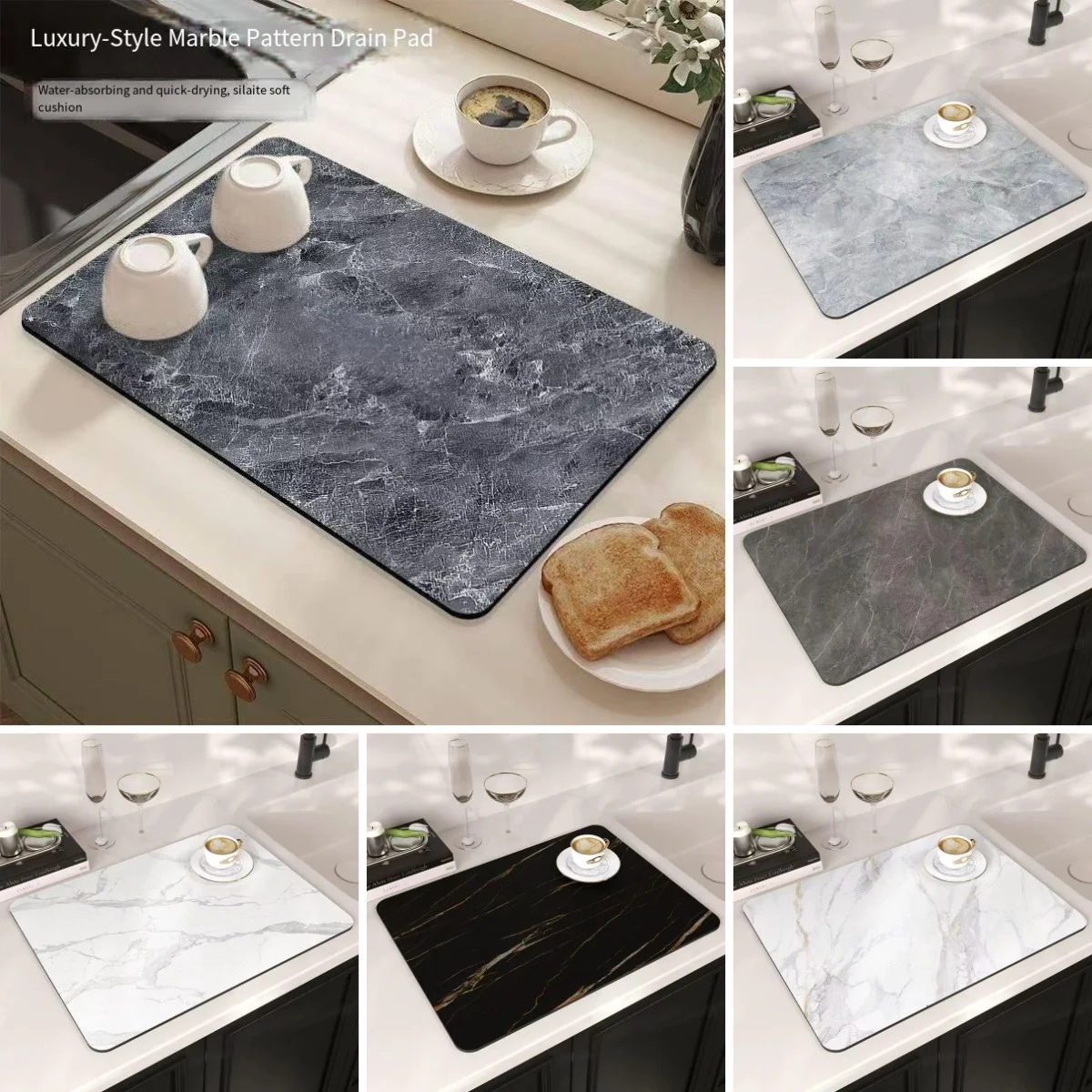 VIKAMA Luxury Marble Kitchen Counter Mat Water Absorb Anti Slip Tableware Drying Pad Coffee Maker Home Supplies