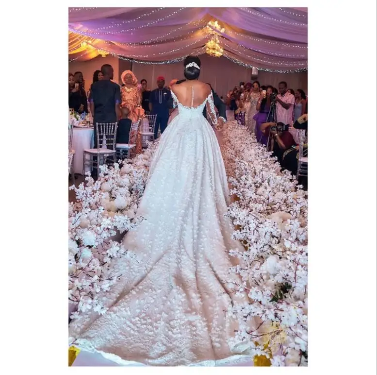 

African Woman Pure White Illusion Long Sleeves Ball Gown Trumpet Mermaid Wedding Dress With Detachable Train 2025