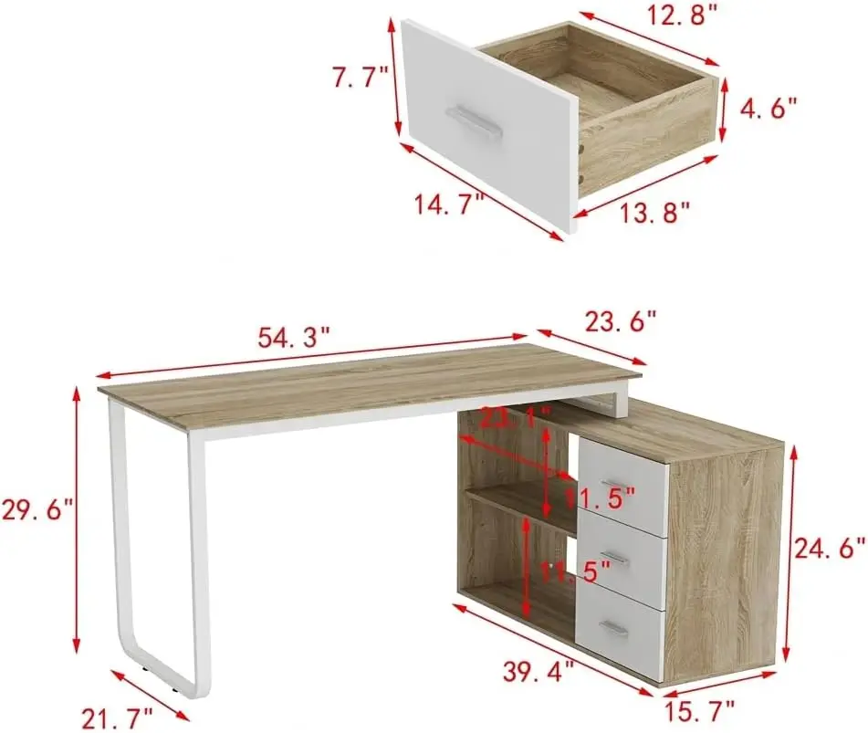 Corner Computer Desk, L Shaped Study Writing Workstation, Home Office Table With Three Drawers And Open Storage Shelves Cabinet, Modern Minimalist Style, Walnut And White, Single Piece