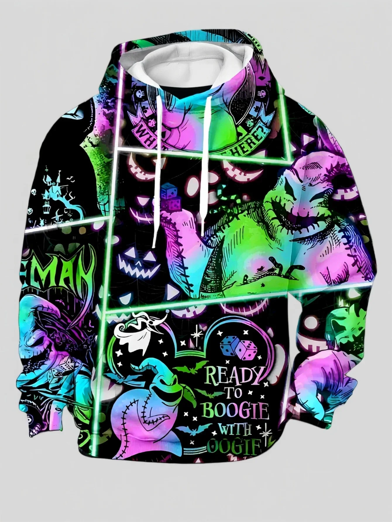 Herren Oogie Boogie Neonfarben-Gittermuster-Kapuzenpullover mit Kordelzug und Tasche – Detail 1