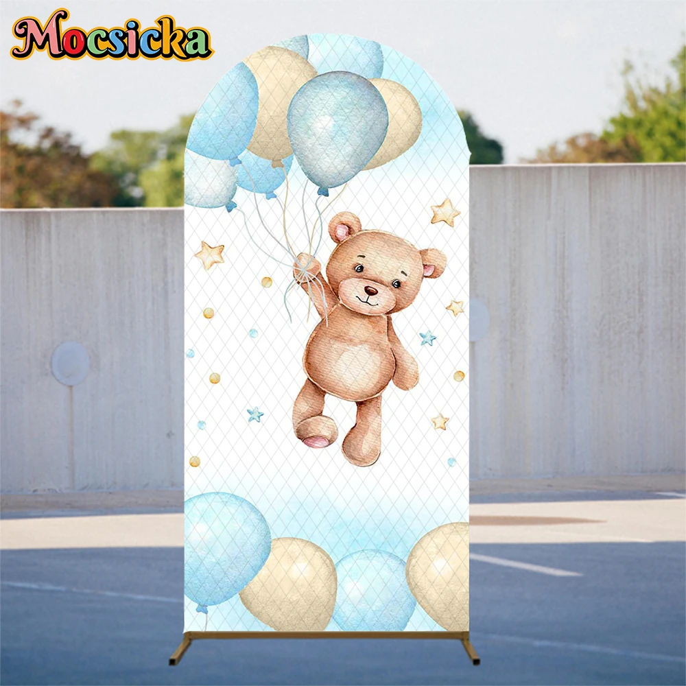 Mocsicka feliz aniversário arco cobre pano de fundo menina foto arqueado fundo urso azul balões de ar quente decorações de festa photocall