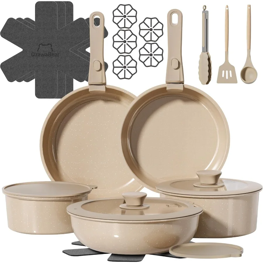 

23 Pcs Pots and Pans Set Non Stick Ceramic Cookware Set Non Toxic with Detachable Handles for Healthy Cooking Induction Compati