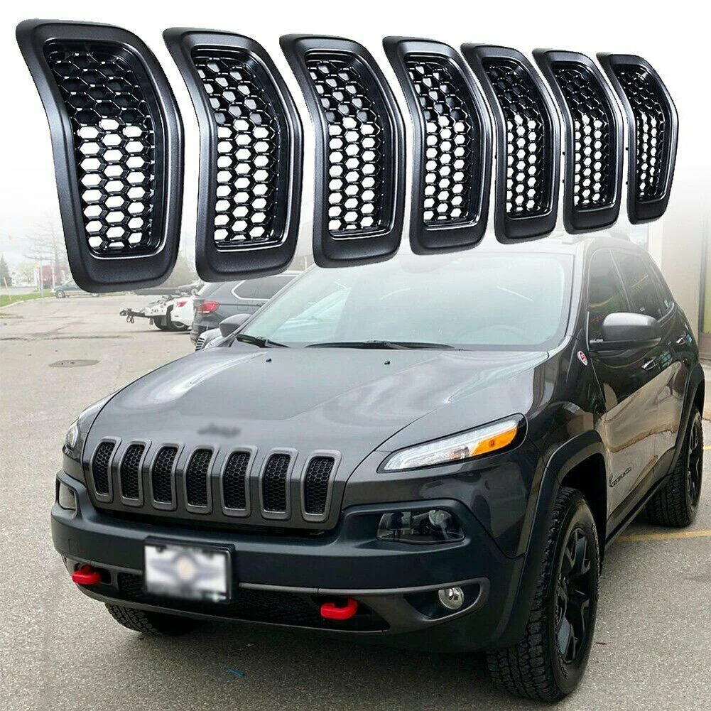 

7PCS Bright Black Front Bumper Central Grill Cover Trim Replaced Racing Grille Grilles For Jeep Cherokee 2014 - 2018