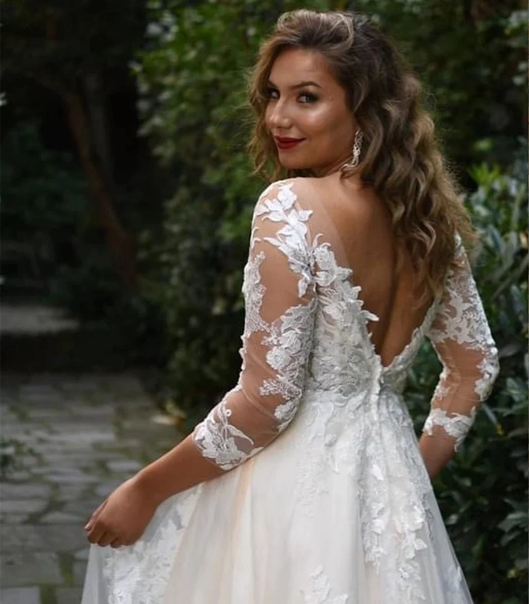 تخصيص مغرفة الدانتيل يزين ألف خط فستان الزفاف Vestidos De Noiva الأفريقي 3/4 طويلة الأكمام عارية الذراعين حديقة زي العرائس