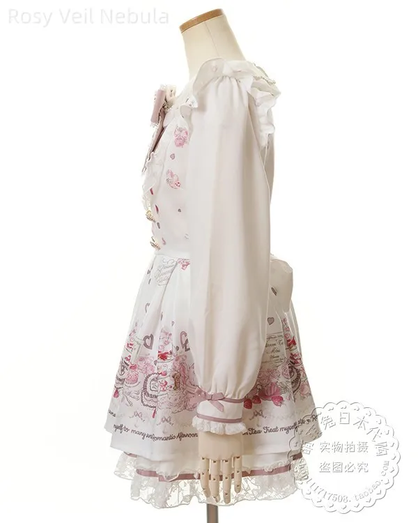 طقم فستان ليز 2025 ربيع جديد لطيف دمية طوق كم طويل مطبوعة الكشكشة مطوي فستان + تنورة قصيرة الزي نمط الشاي بعد الظهر #5