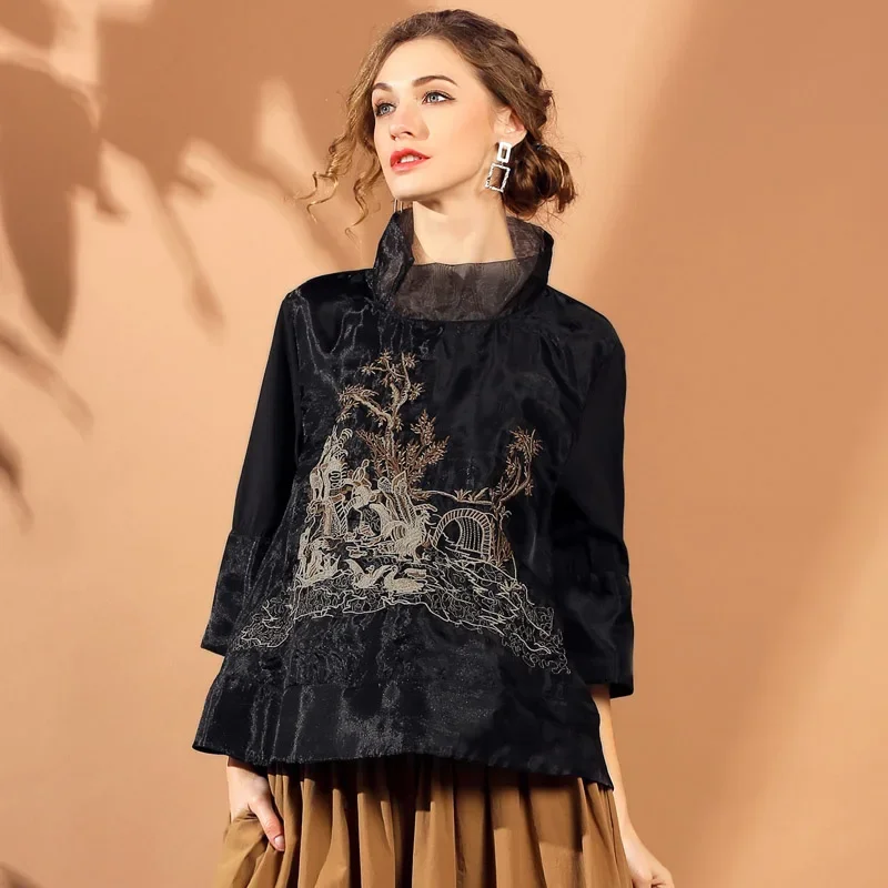 

Spring Fall Vitnage Korean Women Embroidery Stand Collar 3/4 Sleeve Loose White Black Organza Blouse Top , Womens Blouses