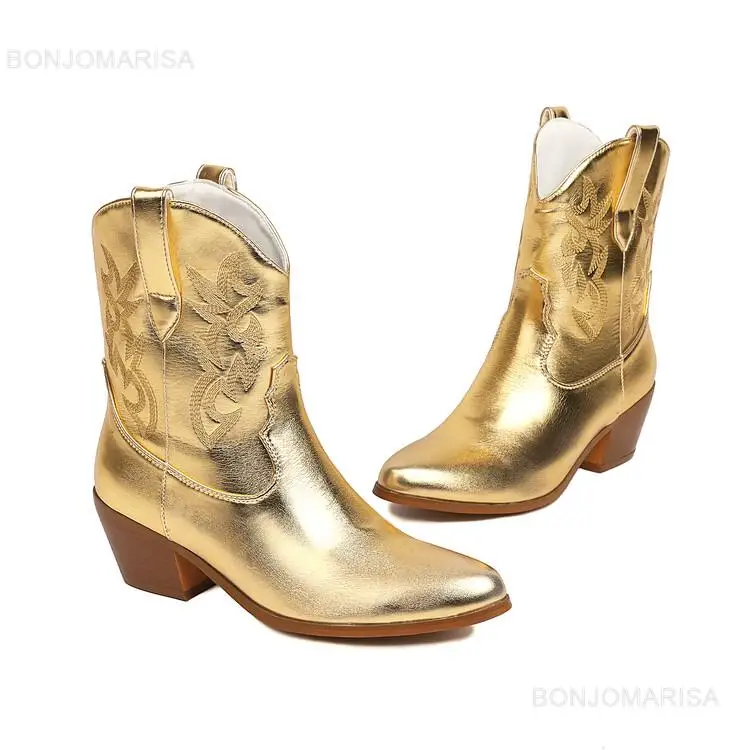 Kobiety Kowbojki Kowbojki Buty Haftowane Metaliczne Punk Buty Zลoto Srebro Buty na ลrednim obcasie Jesieล Zima Szpiczasty nosek Marka