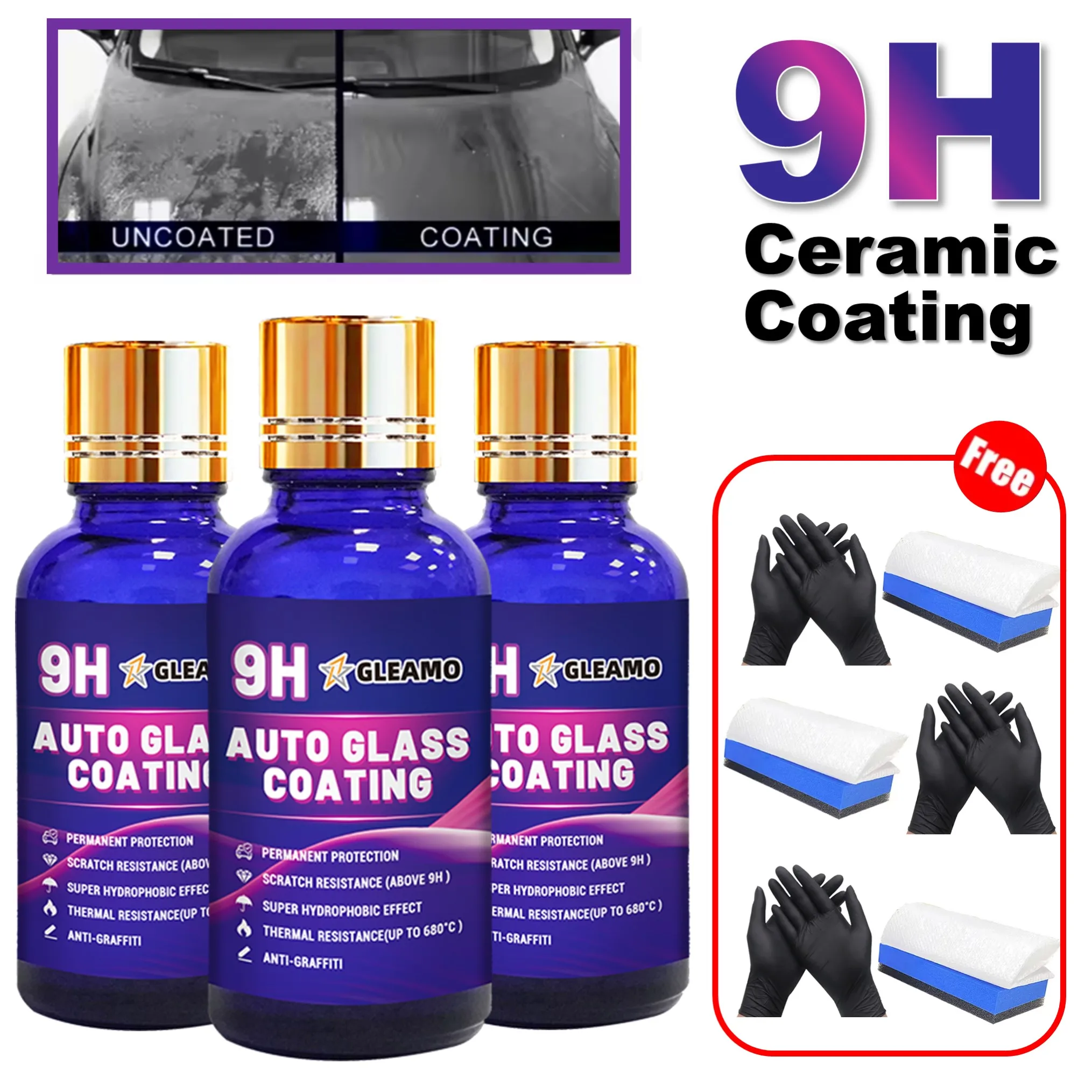 

3 комплекта керамического автомобильного покрытия 9H, покрытия для защитного стекла, полировка автомобиля для ухода за внешним объективом; глянцевая, твердость, устойчивость к царапинам;