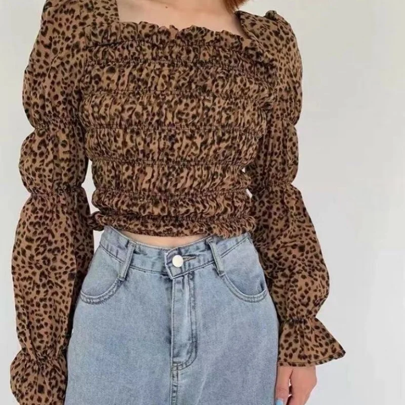 Leopard Print Women Blouse Fashion Elegant Square Neck Shirts Autumn Short Tops Long Sleeve Casual Clothing