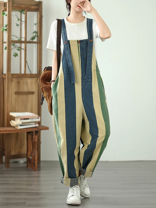 Loose Artistic Striped Color Blo Large ket Denim Overalls Women's Premium Faion Brand Summer Wearable Harajuku Sle