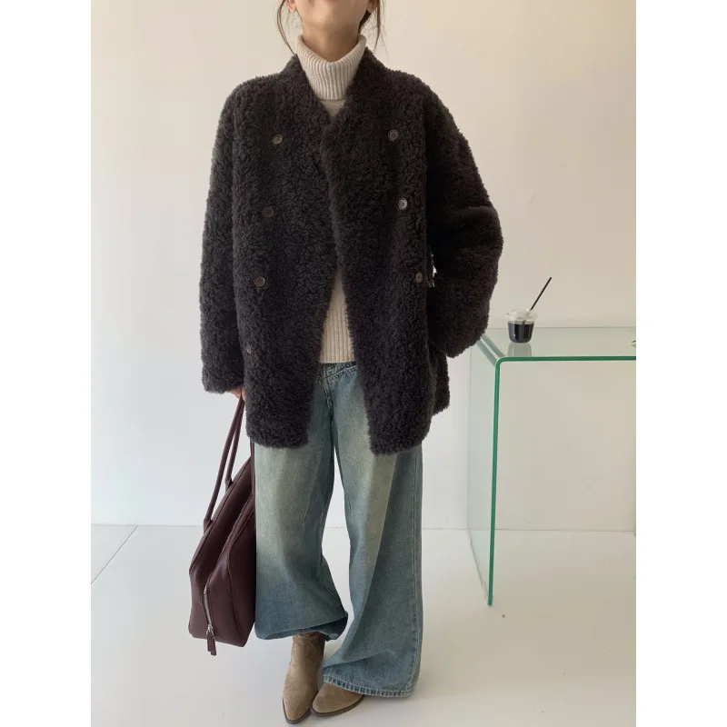 المرأة الخريف الشتاء واحدة الصدر الخامس الرقبة معطف الصوف سيدة الشارع الشهير بلون طويل الأكمام فضفاضة رقيق الصوف الفراء أبلى