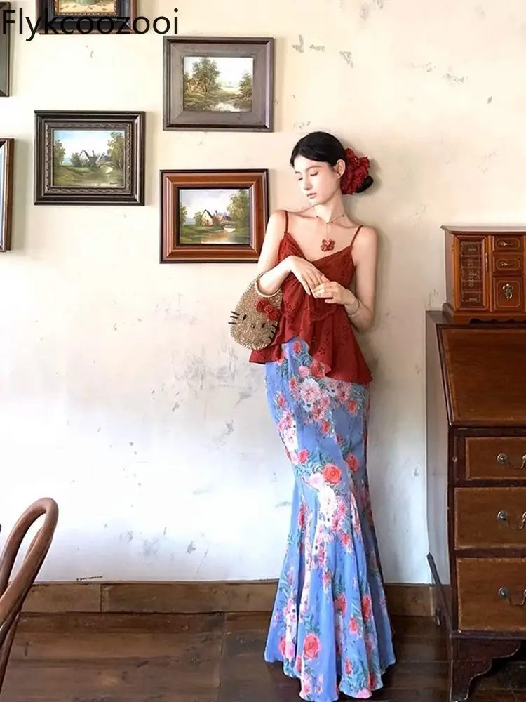 

Flykcoozooi French Style Red Bow Strap Camisole Top Slimming Floral Printed Fishtail Long Skirt Set Two Piece Set Women Outfits