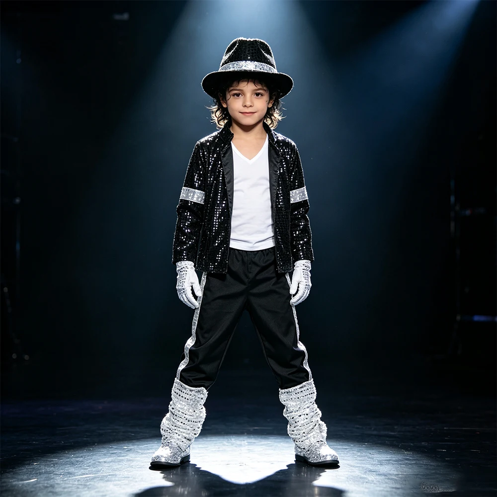 Kids Boys Rockstar Fancy Dress Costume Sequined Outfit with Complete Accessories for Stage Show & Halloween Cosplay