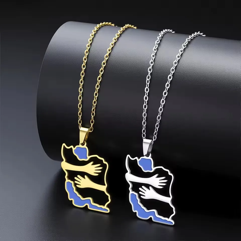New style fashionable Iranian map pendant necklace featuring stainless steel zirconium map, a gender-neutral ethnic style collar
