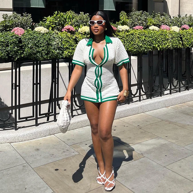 

Knitted Mini Dress Women Fashion 2023 Autumn Patchwork Hollow Out Polo-Neck Short Sleeve Single Breasted Stretch Slim Streetwear