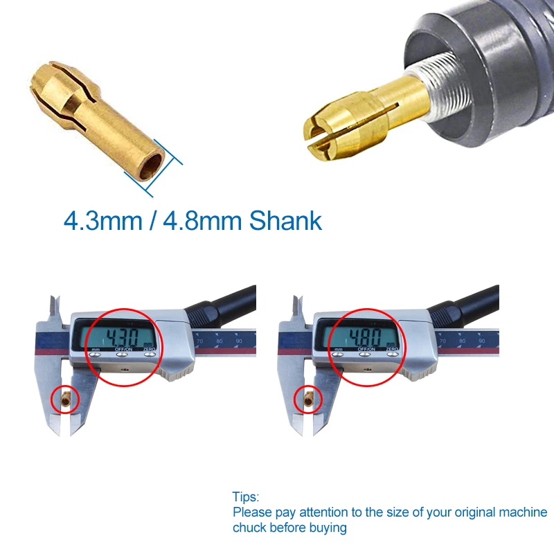 CMCP 10 szt. Mini Wiertarka Mosiężny Uchwyt Tulejowy do Narzędzi Obrotowych Dremel 0,5-3,2 mm Mikro Tuleja Uchwytowa 4,3/4,8 mm Trzpień Adapter Uchwytu — zdjęcie 4