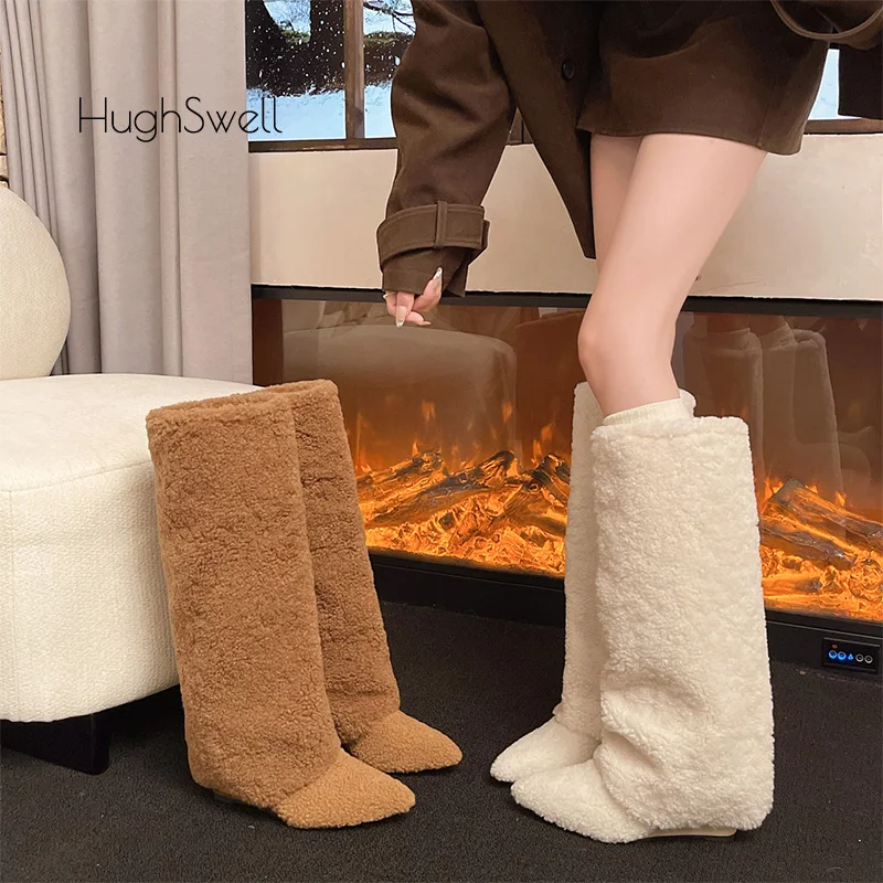 

Brand Design Lambswool Knee-High Boots Woman Winter Thick Teddy Fur Long Boots Ladies Point Toe Wedge Heel Slip-on Fluffy Boots