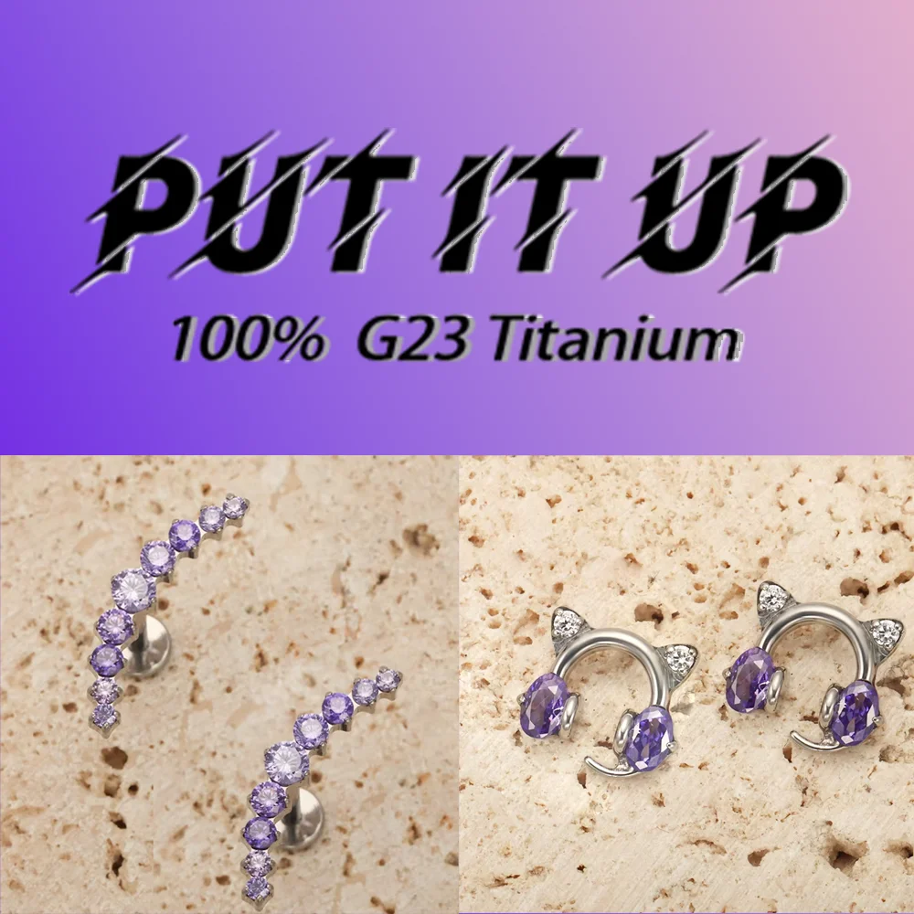 F136 Titanlegierung, modisches lila Zirkonia-Ohrstecker-Set mit Knorpel-Piercing, Lippen-Ohrstecker und Ohrläppchen, Körperpiercing-Schmuck – Detail 5