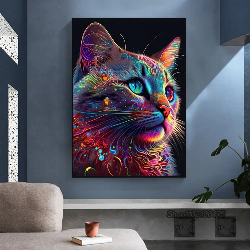 Neon Effect Dog and Cat Poster Border Collie Animal Canvas Printing Morden Wall Art Decor Picture Aesthetic Home Decor No LED