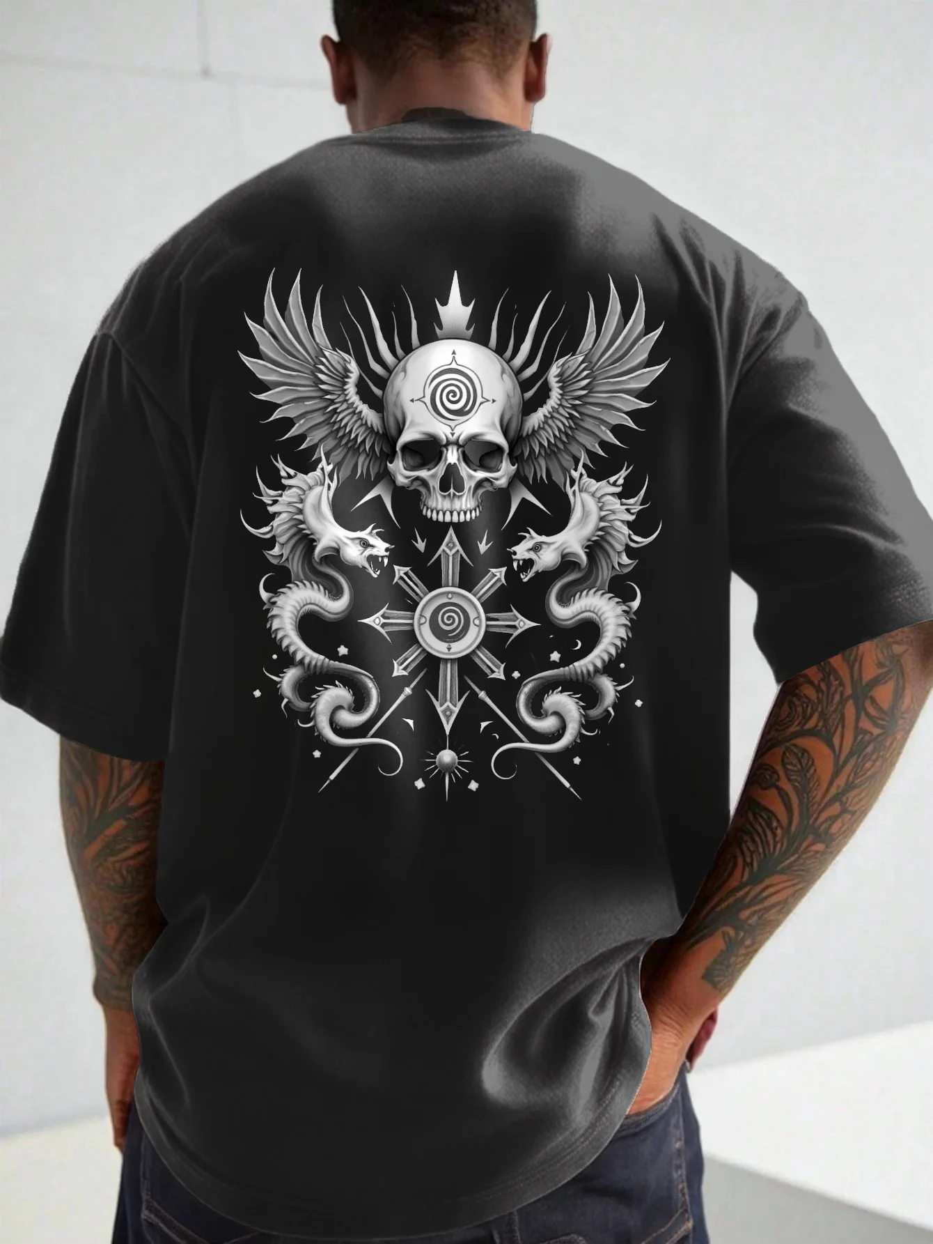 

Summer T-Shirts 2025 Casual Short Sleeve Round Neck Skull Wings Print Daily Loose T-Shirts For Men