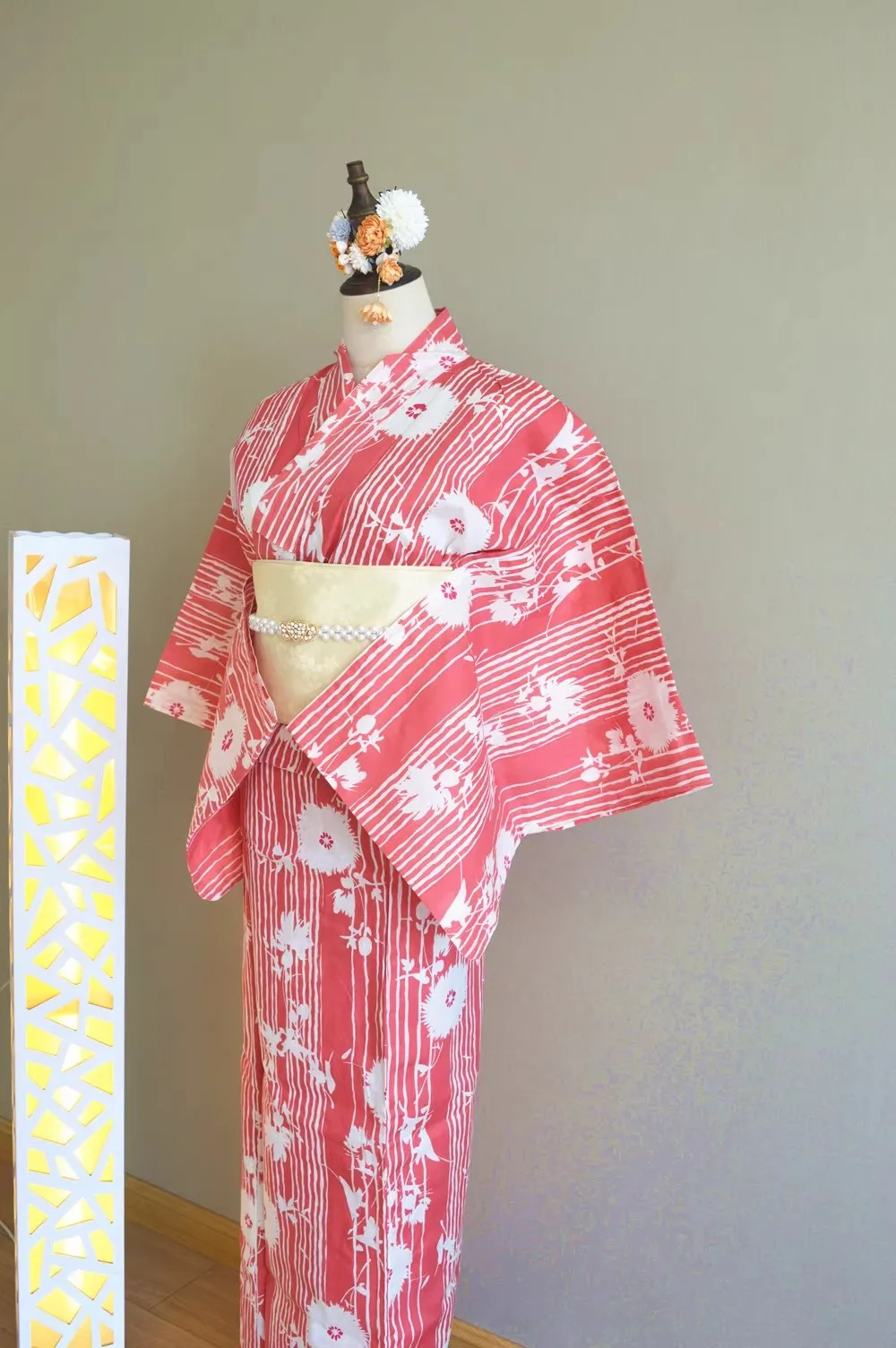 

Japanese Traditional Yukata – Taisho Striped Cotton Kimono Dress for Women & Girls
