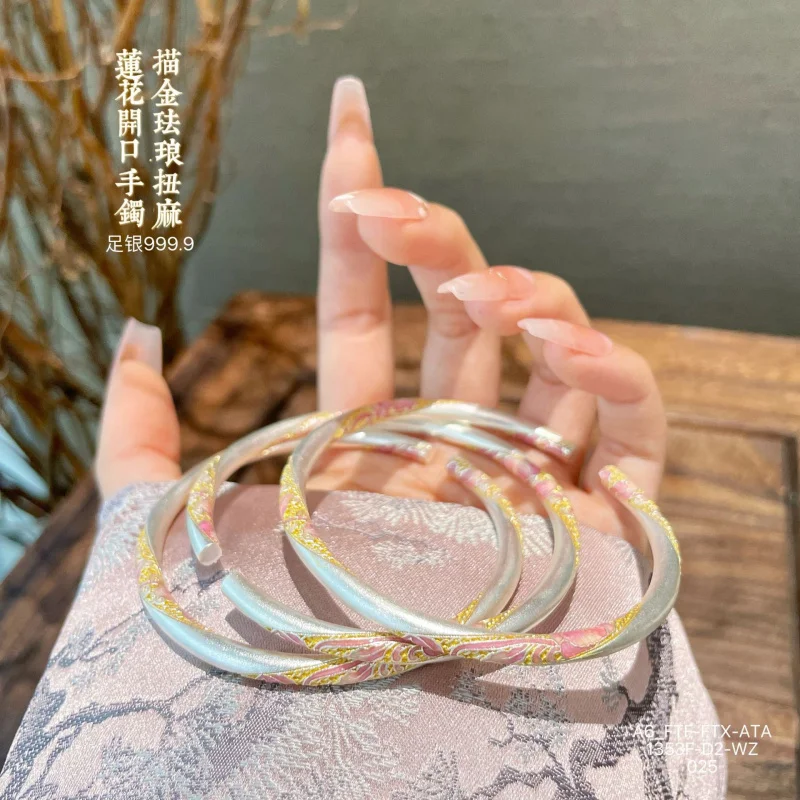 

999.9 Enamel Color Twisted Floral Open Bracelet New Style Silver Bangle