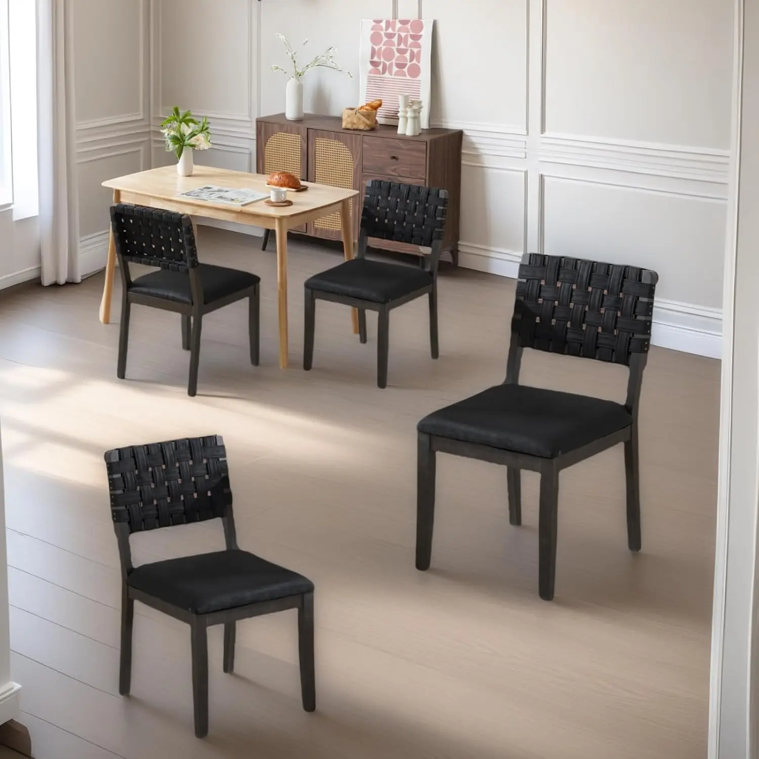Black Woven Wooden Dining Chair Set 4 Armless Mid Century Desk Chair with Rivet & Foot Pegs Upholstered Farmhouse , Customized
