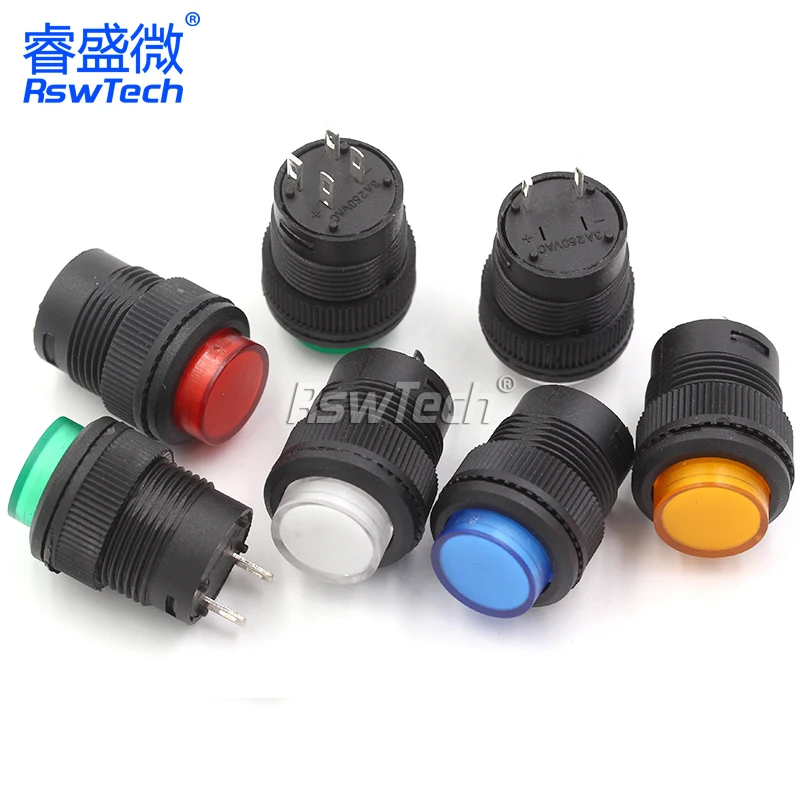 1Pcs R16 Power Switch Button R16-503 Blue Yellow White LED R16-503B R16-503A Latching Reset Button 2P 4P Self-lock No Lock Reset