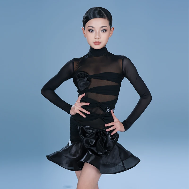 

Vennystyle Latin Dance High Neck Elegant Bow Design One Piece Dancewear Bodysuit for Women Training Practice Performance Costume