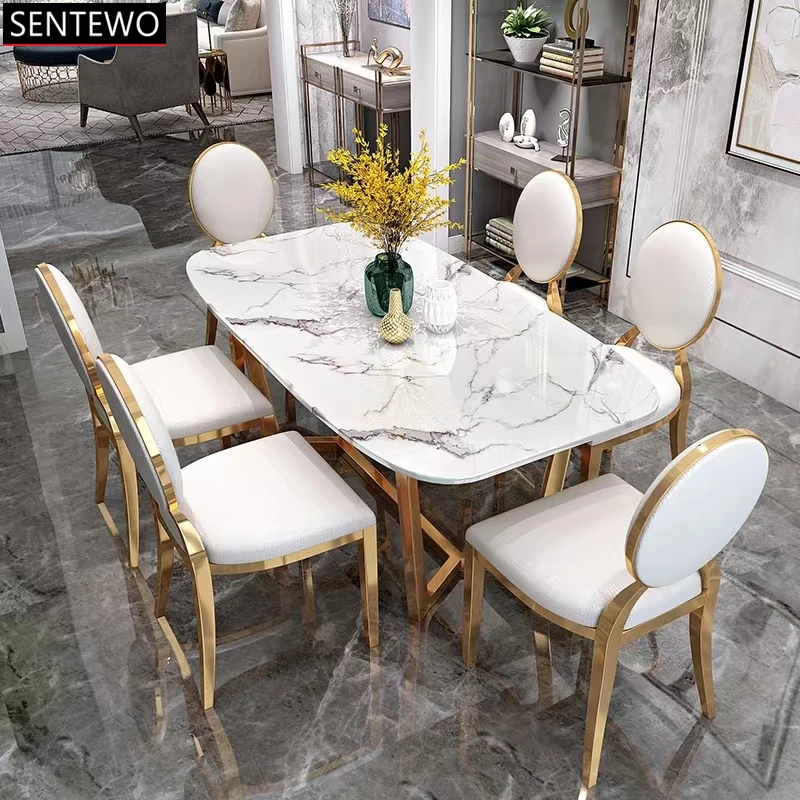 SENTEWO Free Shipping Italian Marble Dining Table Desktop 4 6 Chairs Dining Table Set Household White High-End Kitchen Furniture