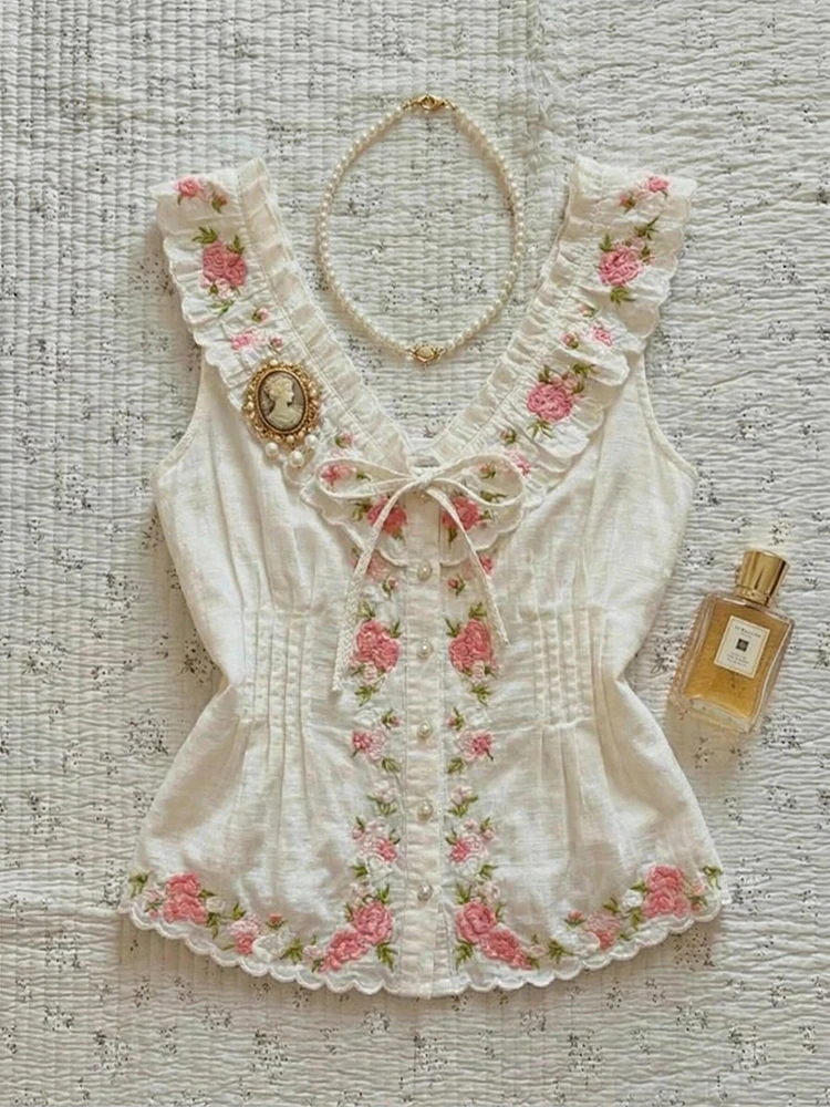 

Princess Style Embroidered White Crop Top Women's Fashion Summer Vest Beautiful Strapless Cotton Blend Short Length Outerwear