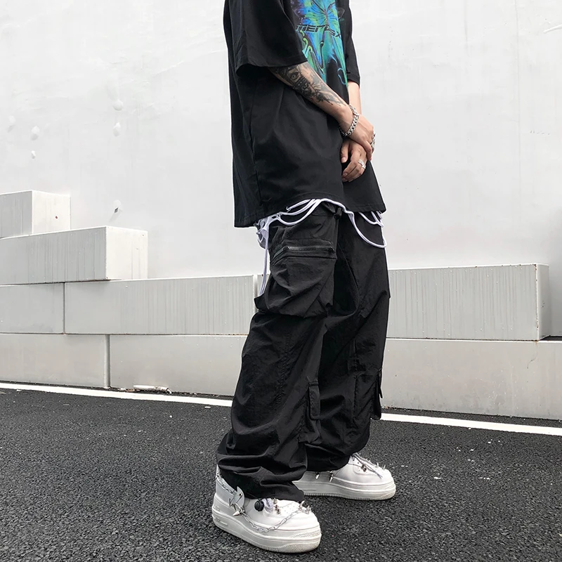 Loose Drooping Overalls Men's Trendy Mechanical Style Straight Drawstring Jogger Pants Harajuku Style Casual Pants