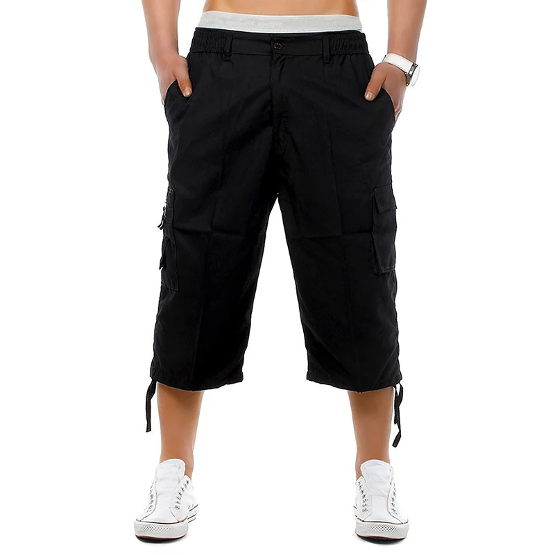 Men s Casual 3 4 Cargo Shorts Button Elastic Waist Capri Knee Length Pants with Multi Pockets Long Cargo Shorts Outdoor