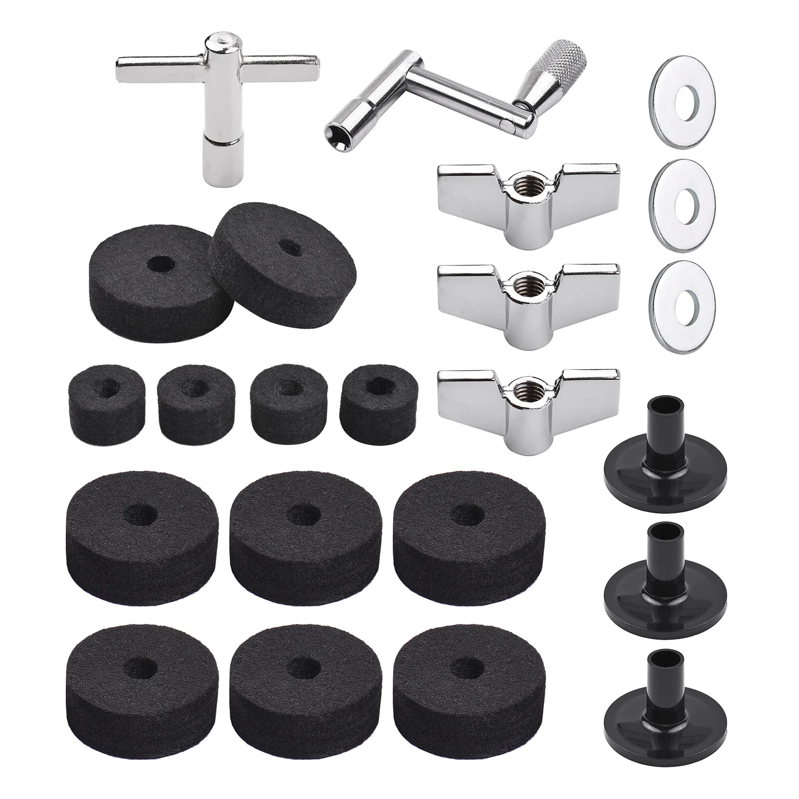 23pcs Cymbal Replacement Accessories Drum Parts with Stand Felts Drum Cymbal Felt Pad Include Sleeves Drum Key Wing Nuts Washers