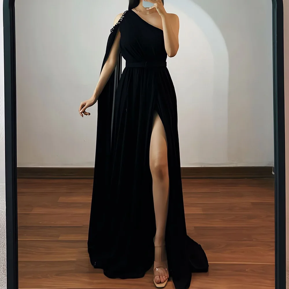 

Zipper Back Fashion Jersey One Shoulder Sleeveless Straight Evening Dress Watteau Train Pleats Solid Black Color Floor Length