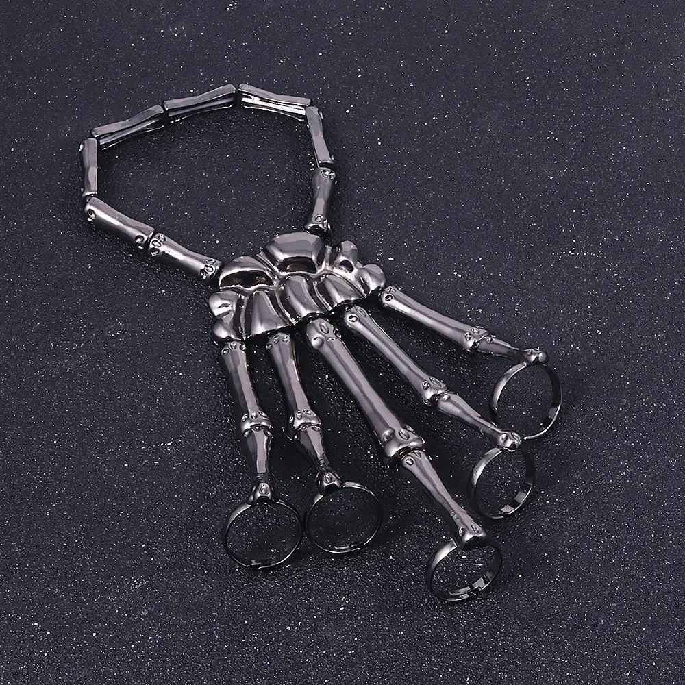 Ghost Claw Halloween Skull Skeleton Hand Bracelet with Ring Gothic Skull Fingers Hand Bone Wristband Bangle Women Men Jewelry