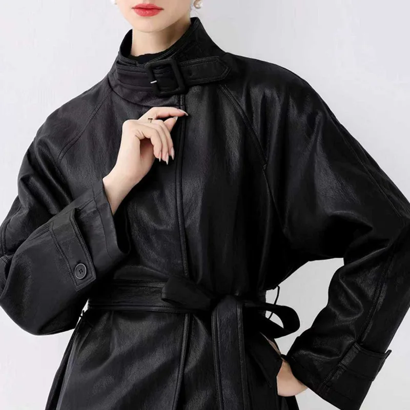 HKSH ربيع الخريف جديد المرأة سترة طويلة بولي Leather الجلود الوقوف طوق حزام جيب بلون خمر الشارع الشهير خندق معطف HK14050