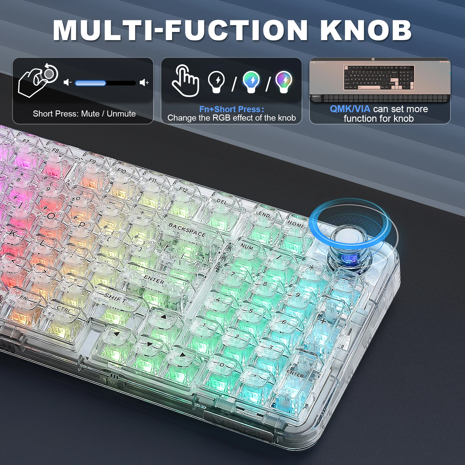YUNZII X98 ホワイト透明メカニカルゲーミングキーボード、ワイヤレス 