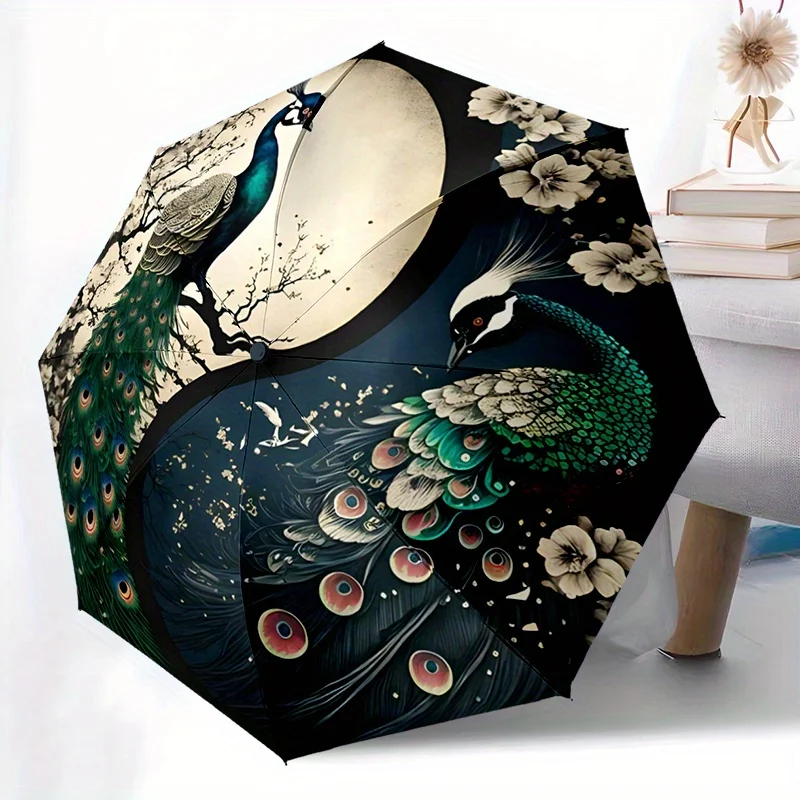 

1pc Green Peacock Automatic Folding Umbrella - Compact 8-Rib Design, Durable Plastic & Iron Frame, Black & Golden Accents, Lig